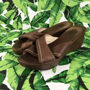 AGL Brown Leather Cross Mule Wedges